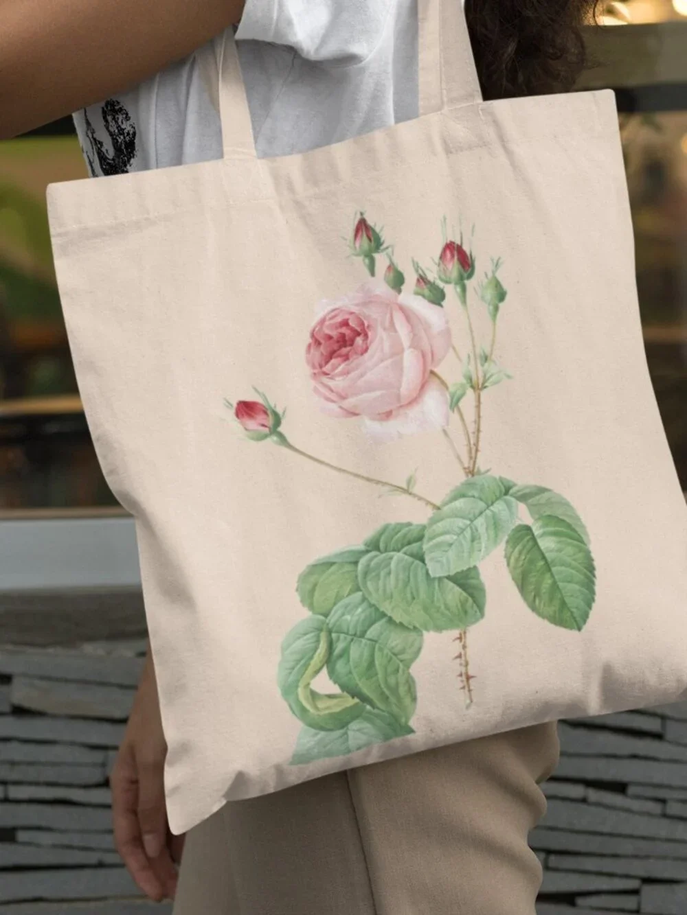 Cabbage Rose Vintage Floral Print Graphic Canvas Tote Bag